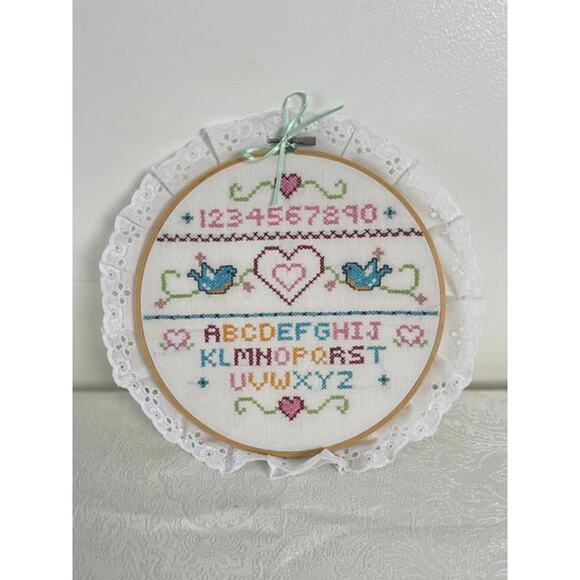 Hand Stitched Nursery Cross-Stitch Sampler 123 ABC Birds Hearts Hoop Ruffle - Picture 1 of 4